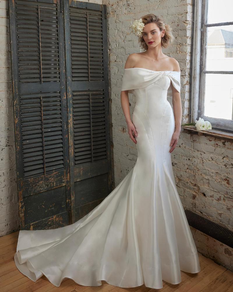 123246 fitted satin wedding dress with overskirt and strapless neckline3